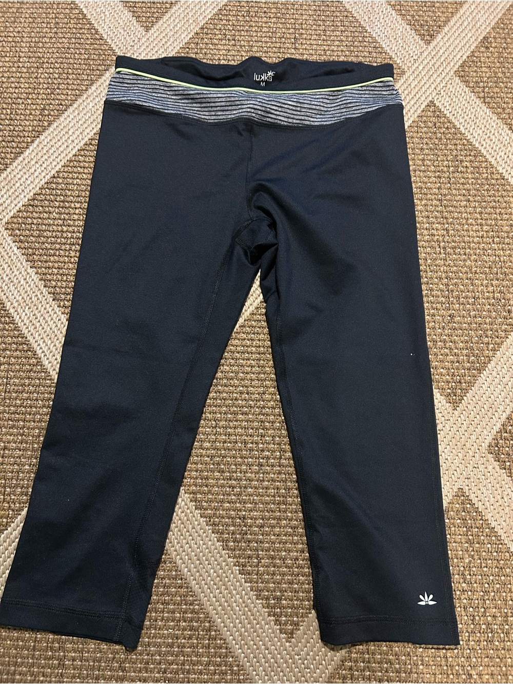 lukka Black Capri Leggings with Gray Striped Waistband and Lime Trim